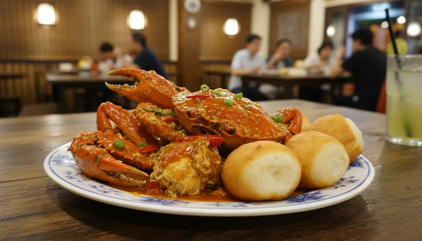 Image: A close-up, vibrant shot of a plate of Singaporean Chilli Crab, glistening with sauce, accompanied by fried mantou buns, set on a rustic wooden table in a traditional Singaporean restaurant.