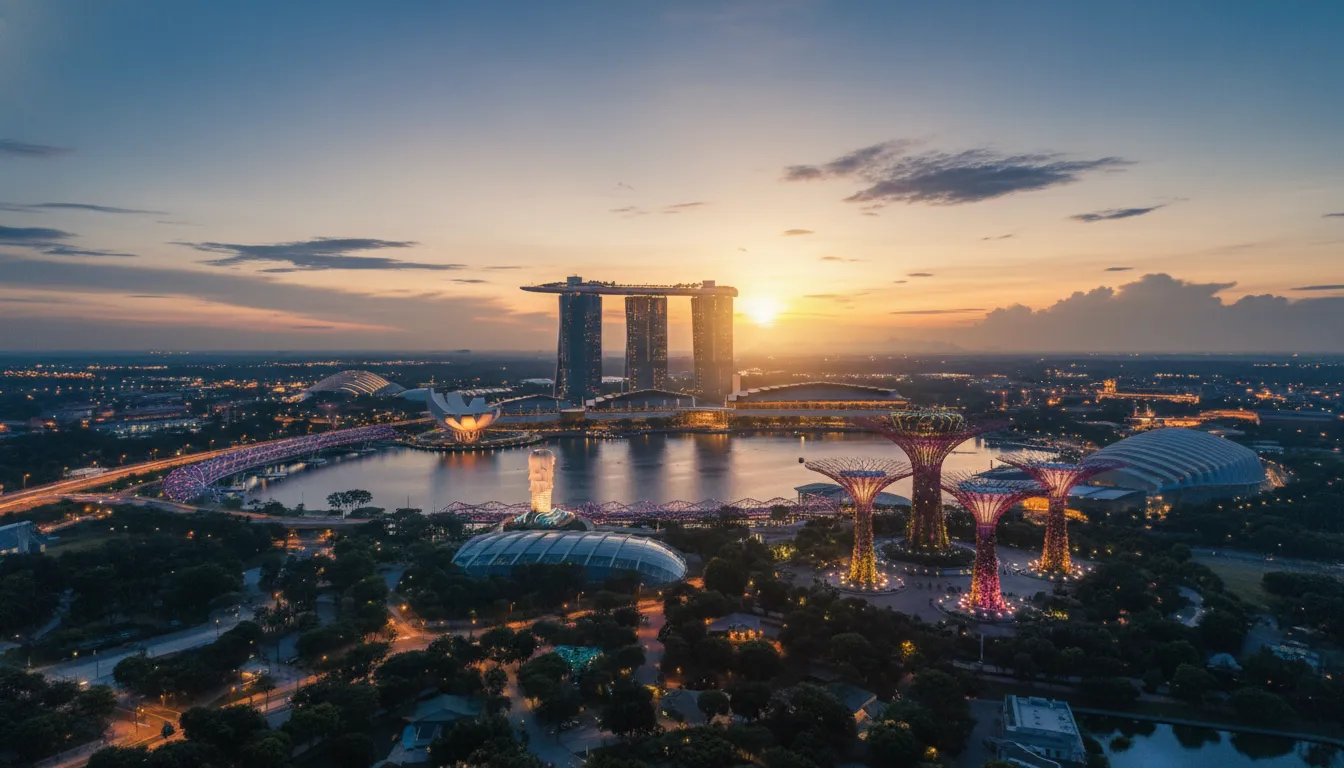 Image: A beautiful aerial shot of Singapore at dawn, with the city lights still twinkling, the Merlion statue visible at the waterfront, and the first rays of sun illuminating the Marina Bay Sands and Gardens by the Bay.