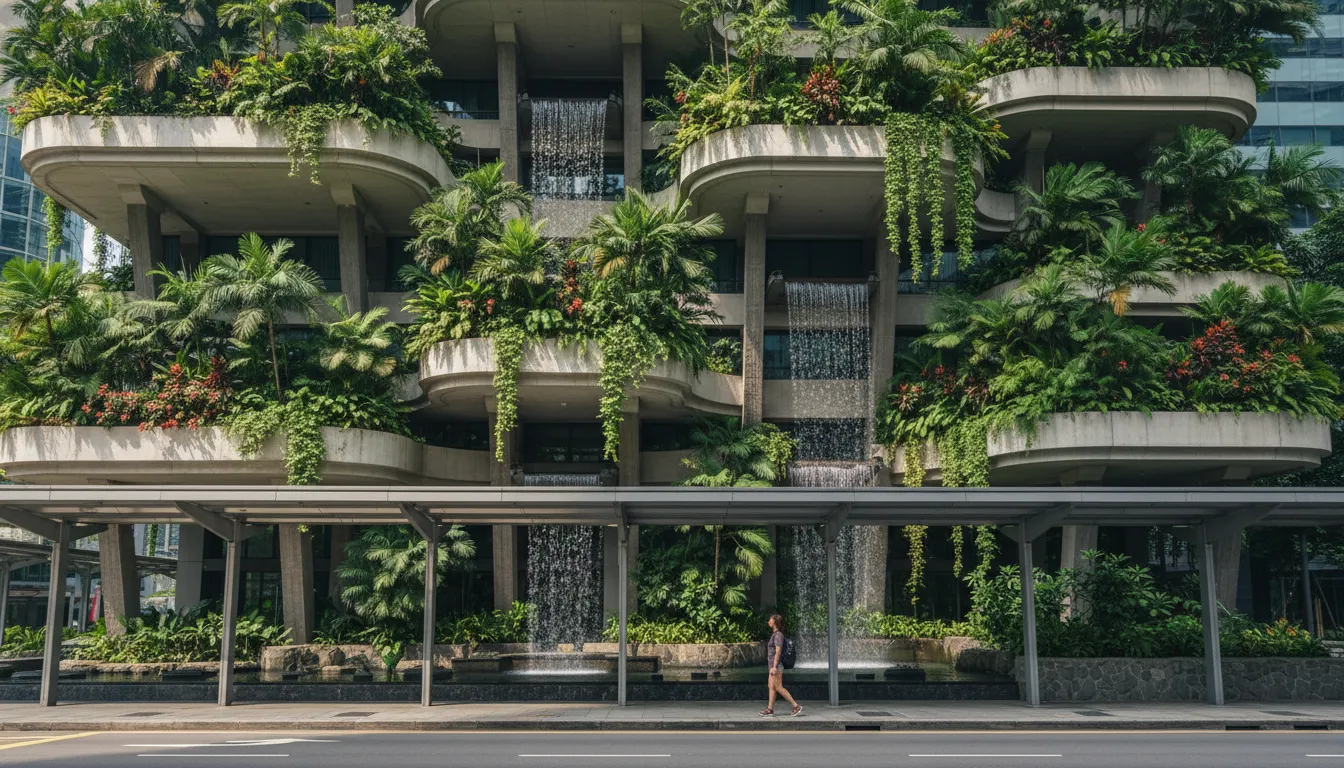 Image: An eye-level shot of the Parkroyal Collection Pickering hotel in Singapore, highlighting its unique "hotel-in-a-garden" concept. The image should focus on the tiered sky gardens overflowing with lush tropical foliage, integrated waterfalls, and its distinctive architectural curves, perhaps with a pedestrian walking by.