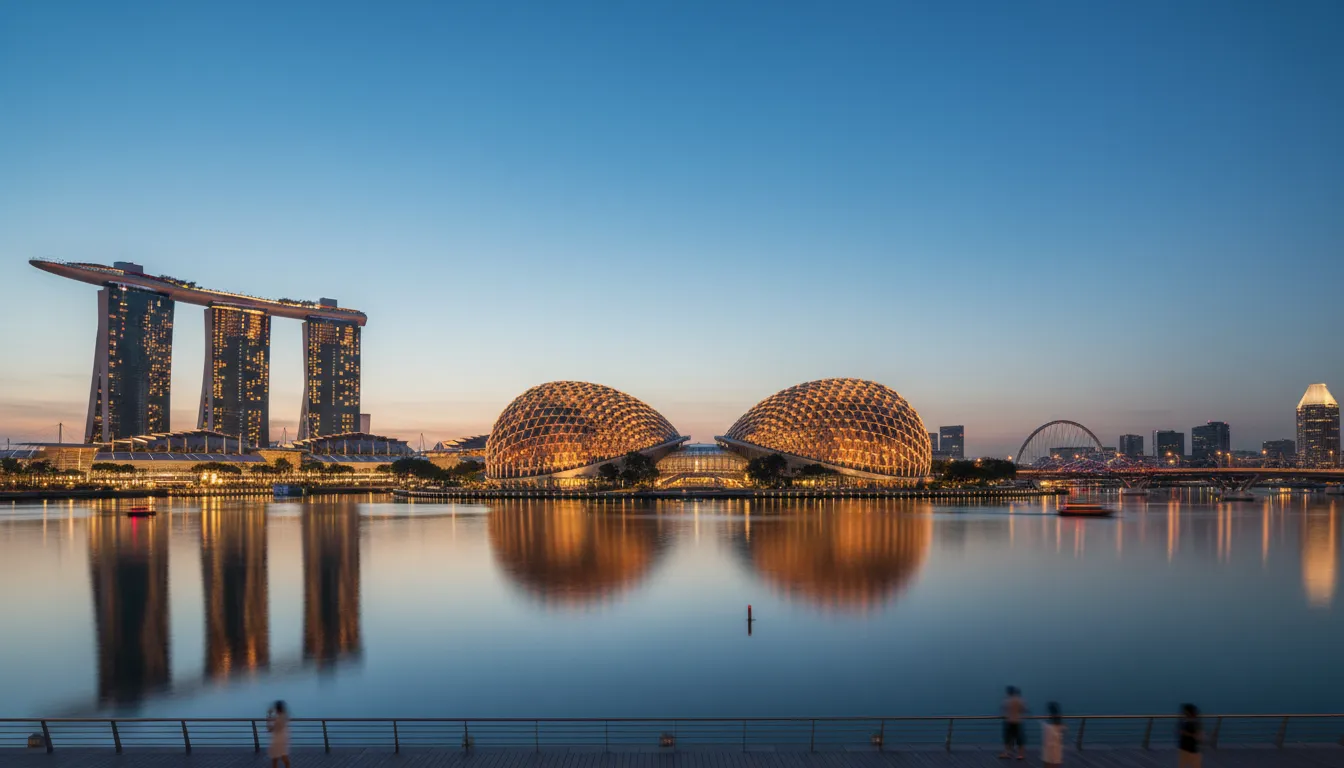 Image: The Esplanade - Theatres on the Bay in Singapore at twilight, with its iconic spiky domes illuminated against a deep blue sky. The photo should include reflections on the calm waters of Marina Bay and the surrounding urban landscape.