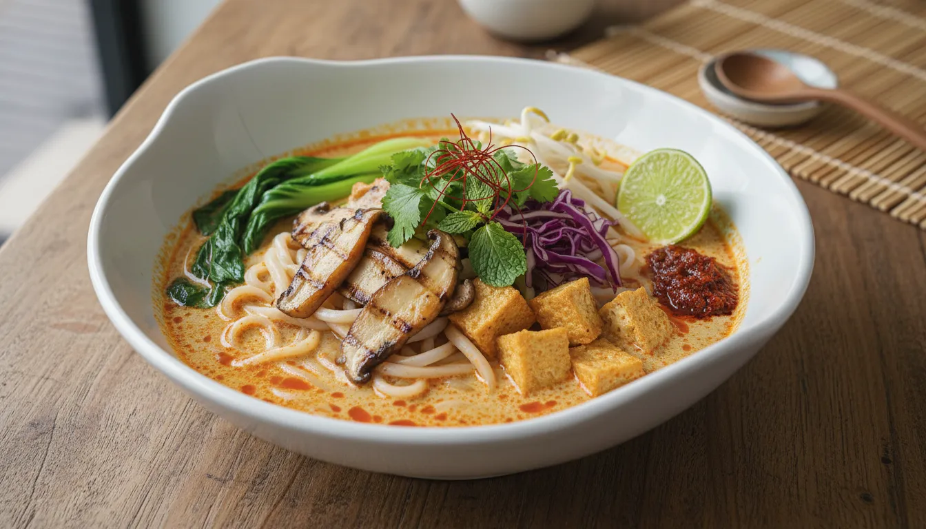 Image: A beautifully plated, vibrant plant-based version of a famous Singaporean dish, perhaps a vegan Laksa with rich coconut broth and colorful toppings, or a mushroom-based 