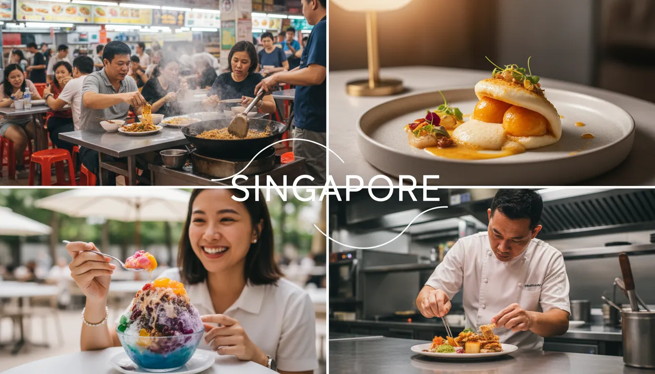 Image: A vibrant montage of diverse Singaporean food experiences. Include a close-up of a bustling hawker stall with people eating, an elegantly plated Mod-Sin dish in a fine dining restaurant, someone enjoying a traditional ice kachang, and a chef meticulously preparing a fusion dish, all symbolizing a rich and varied culinary journey.