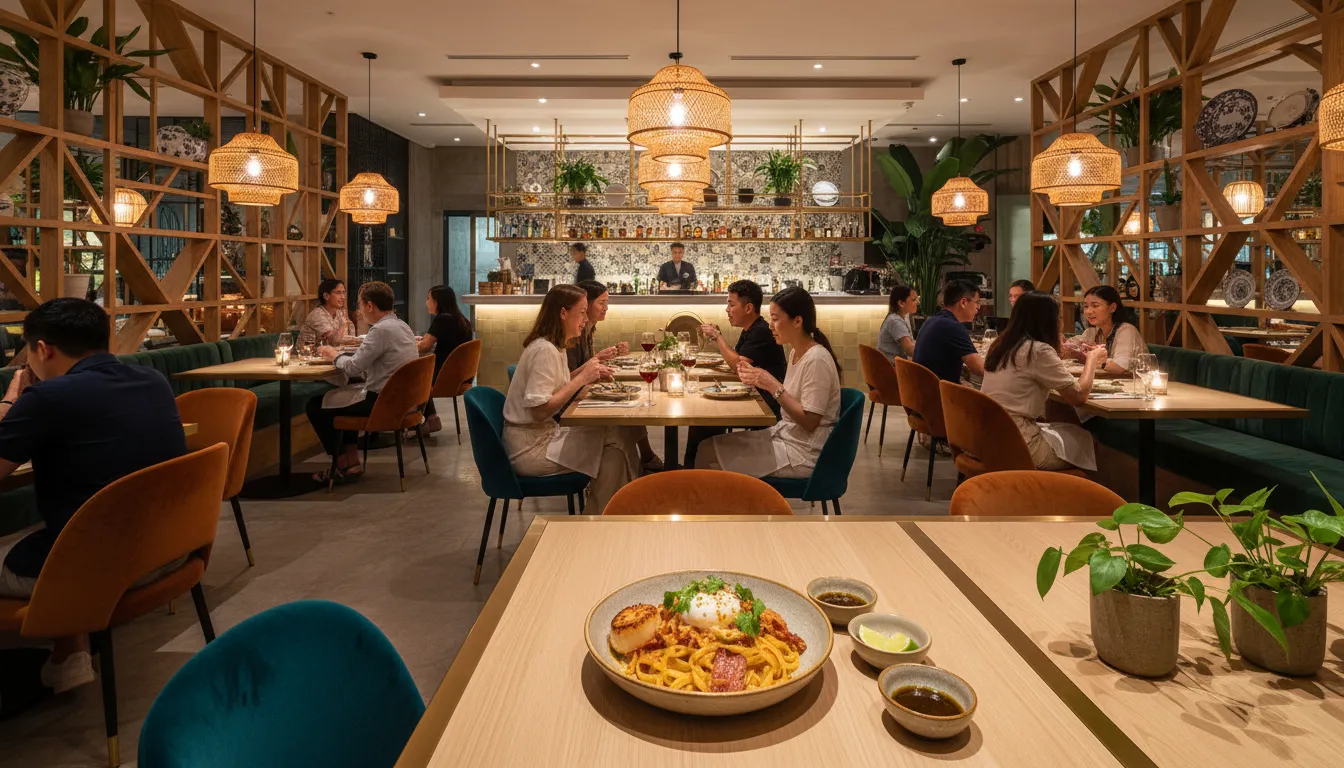 Image: A vibrant and stylish interior of a modern Singaporean fusion restaurant, showing diverse diners enjoying their meals. On a prominent table, a beautifully presented fusion dish, perhaps a Laksa Carbonara or Chili Crab Risotto, clearly blending Eastern and Western culinary elements, with elegant decor in the background.