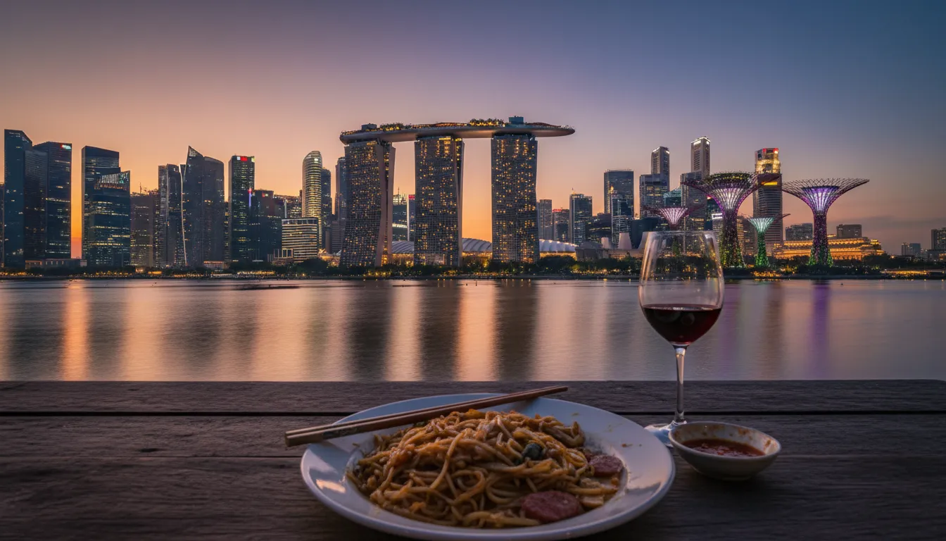 Image: A panoramic view of the iconic Singapore skyline at dusk, featuring Marina Bay Sands, the Supertrees, and other modern architecture. In the foreground, subtly integrated elements of diverse food (e.g., a blurred hawker dish, a wine glass) hinting at the city