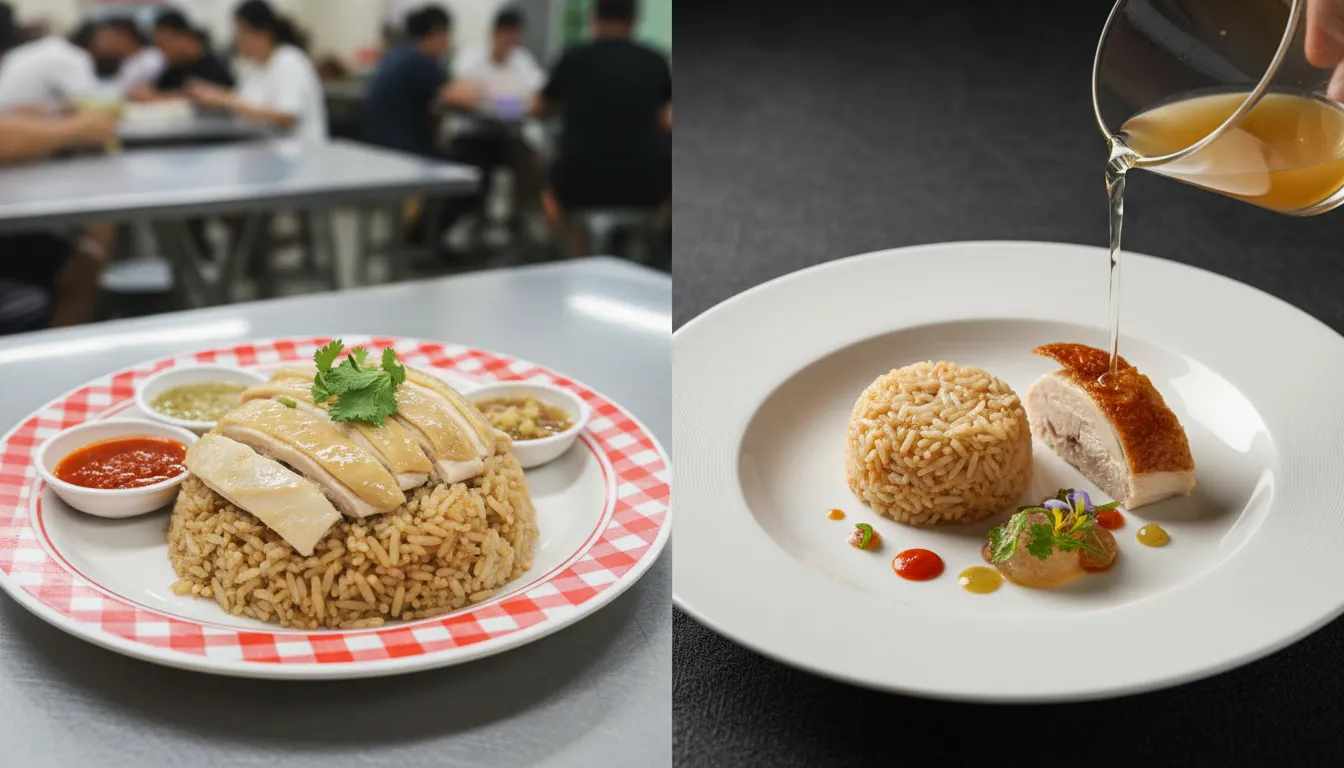Image: A split image showing a simple, delicious bowl of Hainanese Chicken Rice with chilli and ginger sauce on a plastic plate on one side, and on the other, an exquisitely plated, artistic fine dining dish with delicate garnishes and premium ingredients on a porcelain plate.