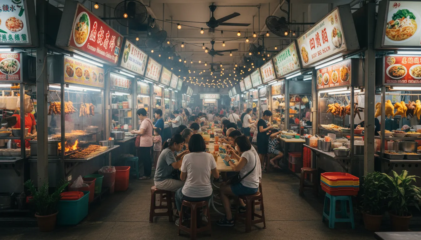 Image: A vibrant, bustling scene inside a Singapore hawker centre, with various food stalls displaying colourful dishes, people enjoying meals at communal tables, and a general atmosphere of lively culinary activity.