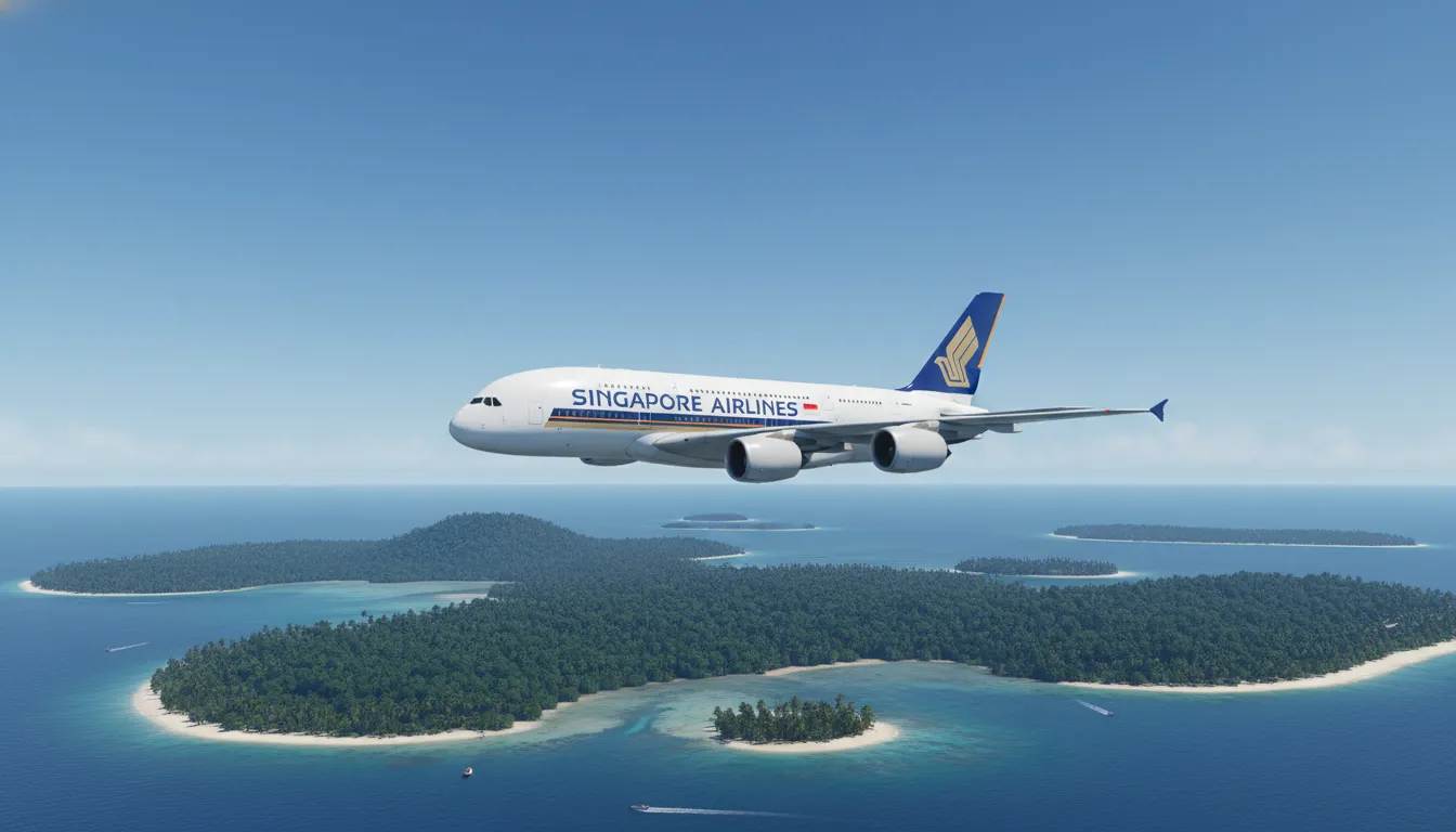 Image: A modern Singapore Airlines aircraft (e.g., A380 or 787) in flight over a tropical landscape, with a clear blue sky, showcasing the airline