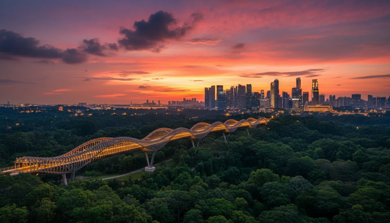 Image: The iconic Henderson Waves Bridge in Singapore, with its unique undulating wooden structure illuminated against a vibrant sunset sky, overlooking a lush green forest and the distant city skyline.