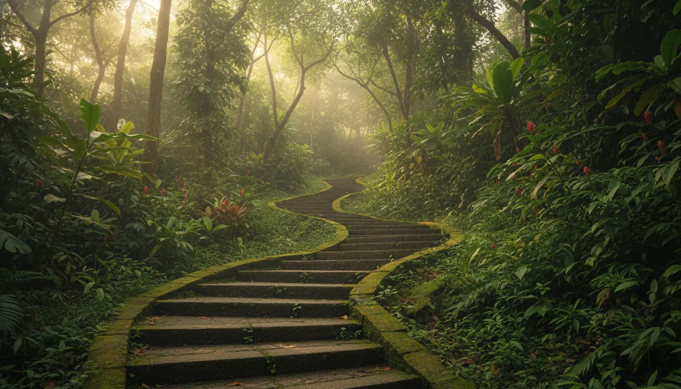 Image: A winding, stone staircase leading upwards through lush, dense tropical foliage within Fort Canning Park, Singapore. Sunlight filters through the canopy, creating dappled shadows on the steps, evoking a sense of ancient mystery and discovery.