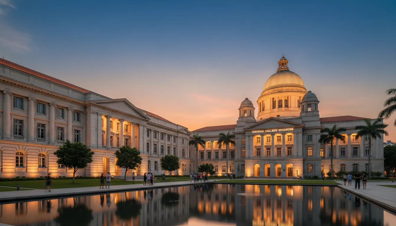 Image: The majestic exterior of the National Gallery Singapore, showcasing the grand colonial architecture of the former City Hall and Supreme Court buildings, beautifully lit at dusk. The iconic dome of the former Supreme Court is prominent, and the setting sun casts a warm glow over the intricate facades.