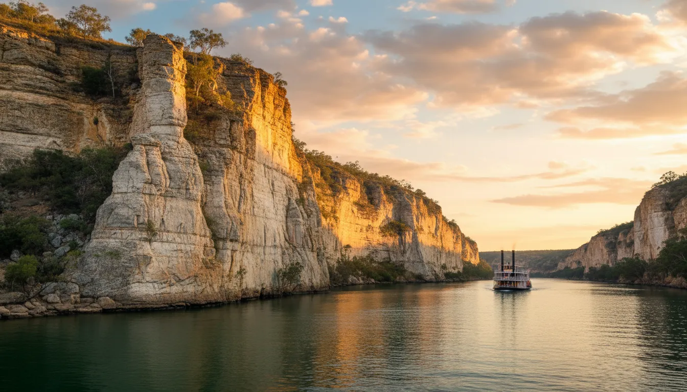 Image: Majestic, ancient limestone cliffs rising dramatically from the tranquil, emerald-green waters of the Murray River. The cliffs show distinct layers of creamy white and warm ochre, illuminated by the golden light of a setting sun. A small, traditional paddle steamer is visible in the distance, adding a touch of historical charm.