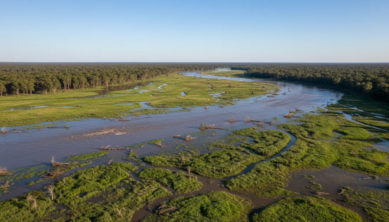 Image: A panoramic view of the Murray River and its expansive floodplain, showcasing the aftermath of a recent flood. The river is wide and slightly murky, with areas of standing water amidst lush green vegetation. Distant red gum forests line the horizon under a clear blue sky, demonstrating the river