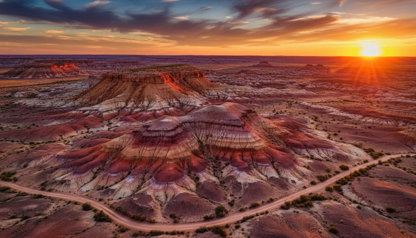 Image: The stunning, colourful landscape of The Breakaways near Coober Pedy at sunset, showcasing vibrant red, orange, and purple hues on flat-topped mesas and low hills against a dramatic sky.