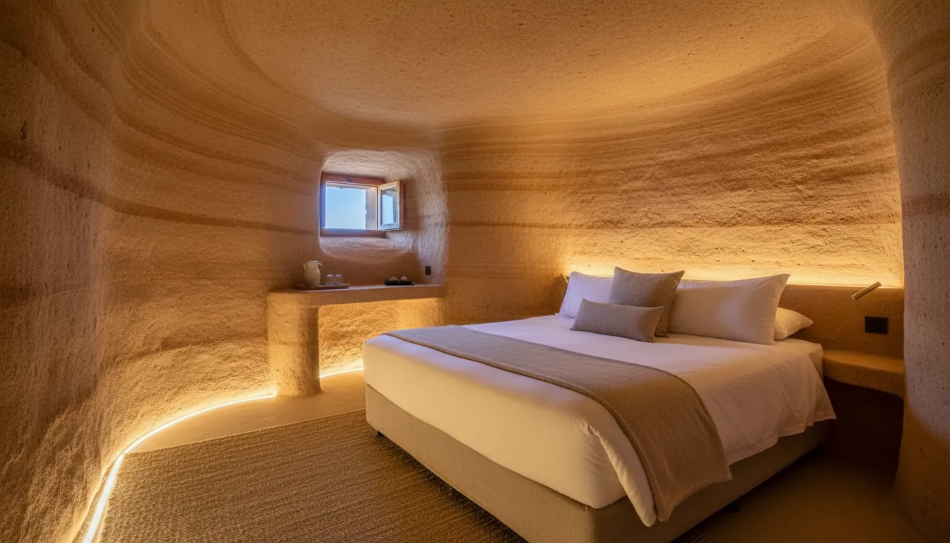 Image: The interior of an elegant underground hotel room in Coober Pedy, featuring smooth, natural sandstone walls, soft ambient lighting, a comfortable bed with crisp white linens, and perhaps a small window carved into the rock leading to an air shaft, conveying a sense of cool tranquility and unique comfort.