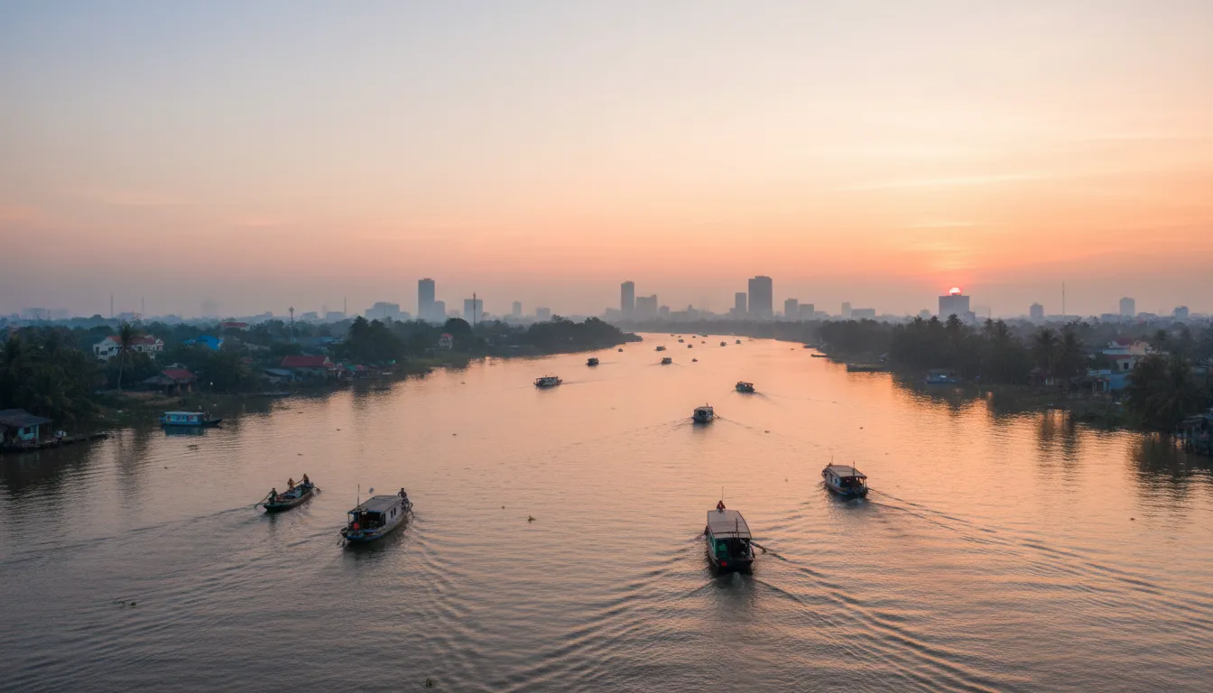Image: A wide, scenic shot of the Hau River in Can Tho at sunrise, with traditional wooden boats (sampans) gently moving, the city skyline faintly visible in the background, and lush green riverbanks. The sky is painted with soft orange and pink hues.