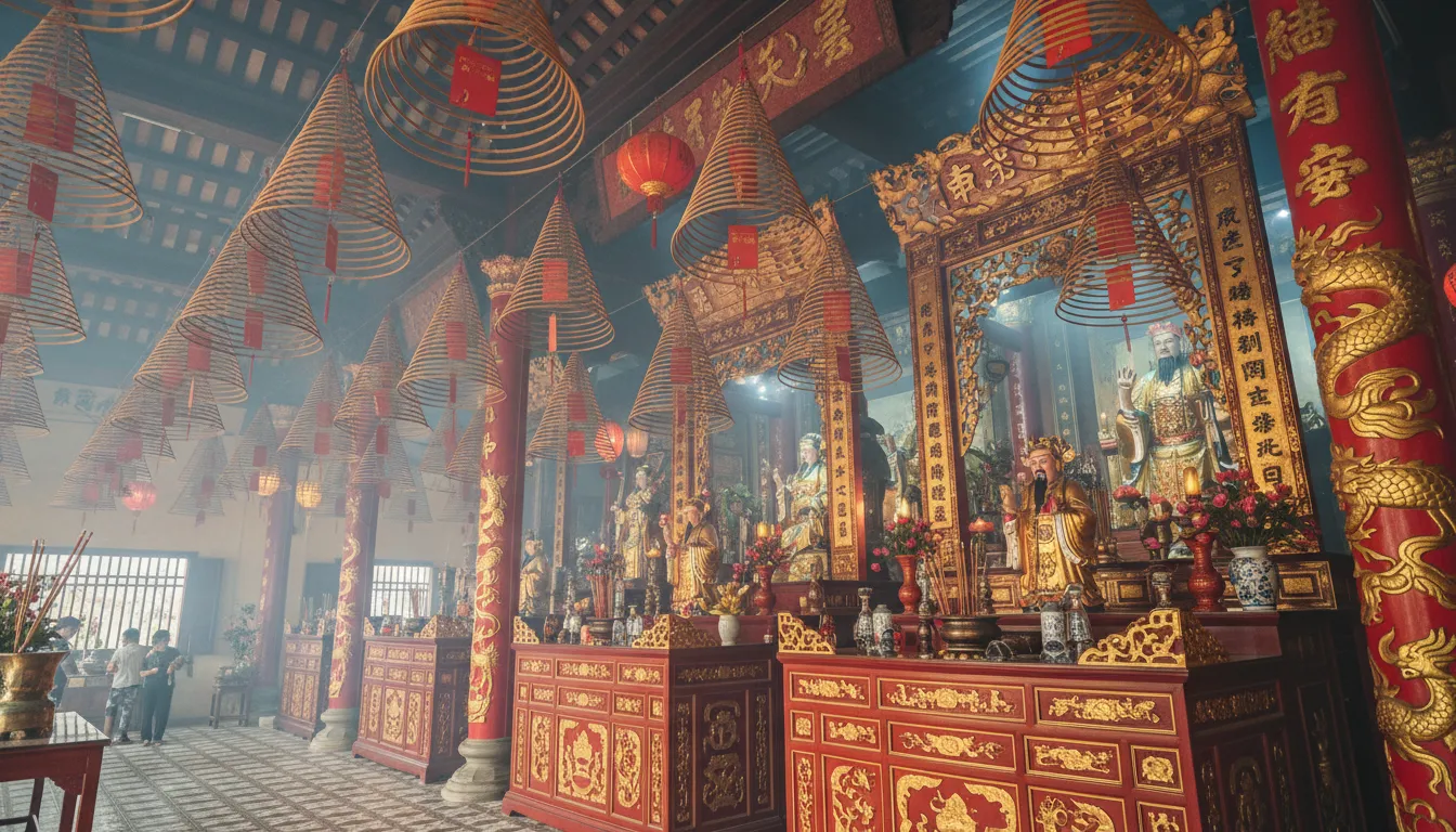 Image: A vibrant interior shot of the Ong Temple in Can Tho, showing numerous large, coiled incense sticks hanging from the ceiling, casting a soft, smoky haze. The intricate red and gold altars with statues of deities are visible in the background, with ornate carvings.