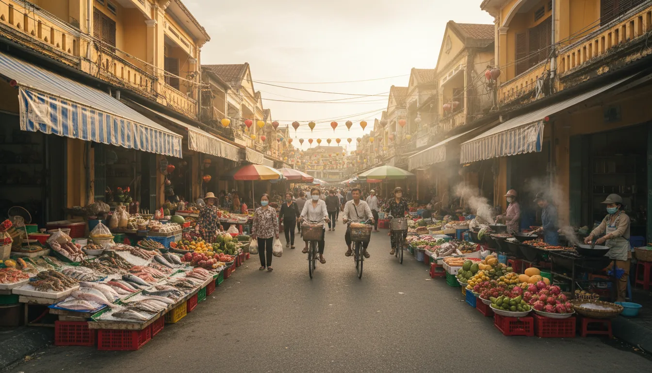 Image: A vibrant and bustling street scene in Ha Tien, Vietnam, showcasing a lively local market with vendors selling fresh seafood, exotic fruits, and street food. People are walking and cycling, with traditional Vietnamese shop houses lining the street, reflecting the city