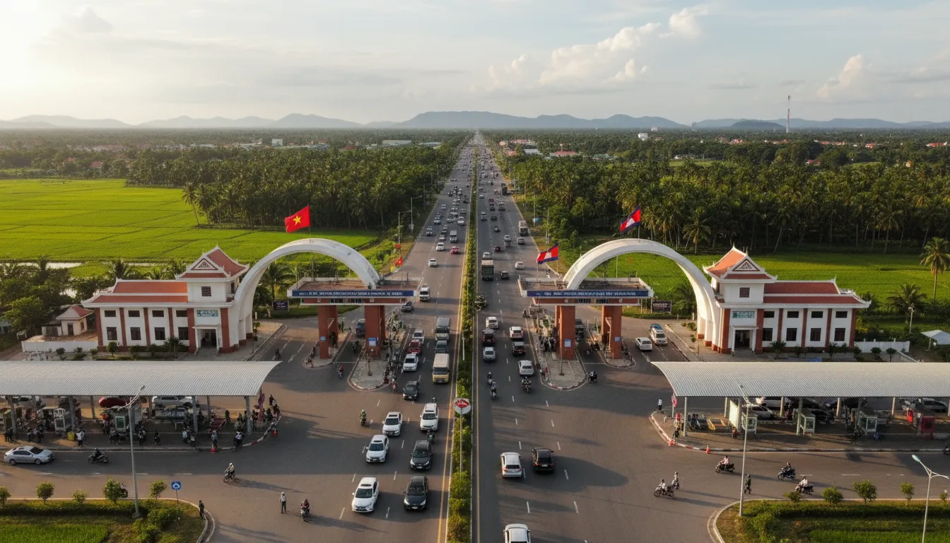 Image: A dynamic, high-angle shot of the Xà Xía International Border Gate between Vietnam and Cambodia, showing vehicles and people moving through the checkpoints. The scene includes official border buildings with Vietnamese and Cambodian flags, bustling activity, and the lush, green landscape of the border region under a bright sky, emphasizing its strategic location.