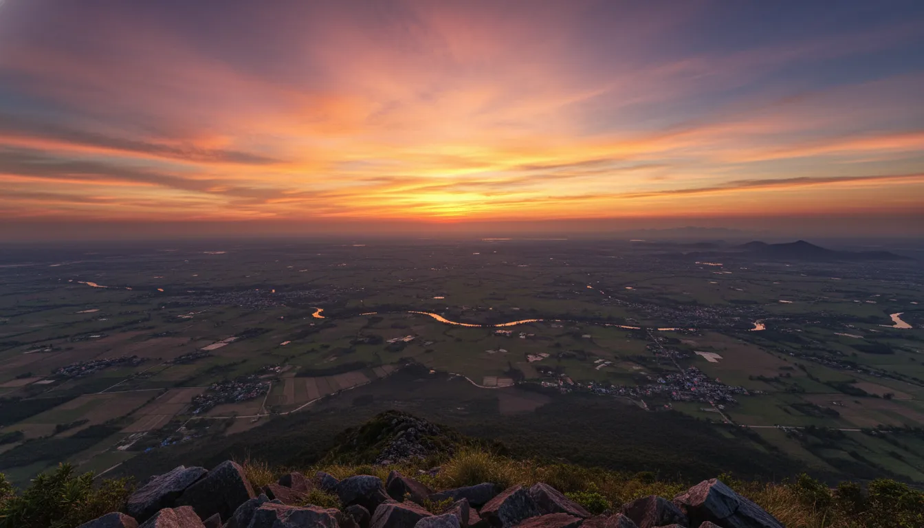 Image: A serene panoramic view from the summit of Ba Den Mountain at sunset, looking out over the vast, flat plains of Tay Ninh province. The sky is painted with warm orange and purple hues, and the distant landscape is dotted with small towns and fields.