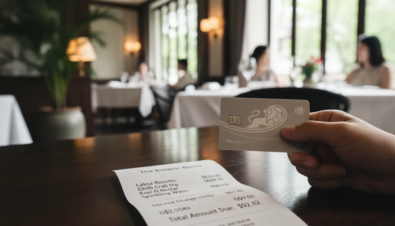 Image: A close-up shot of a bill from a Singaporean restaurant, clearly showing a "Service Charge (10%)" and "GST (9%)" line item, with a hand (not overtly tipping) holding a credit card. In the background, a blurred image of a sophisticated dining setting.