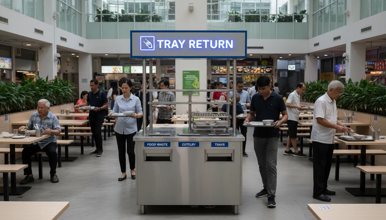 Image: A clean, modern Singaporean food court with a clearly marked "Tray Return" station. A diverse group of diners are seen clearing their tables and depositing trays, showing a sense of order and cleanliness.
