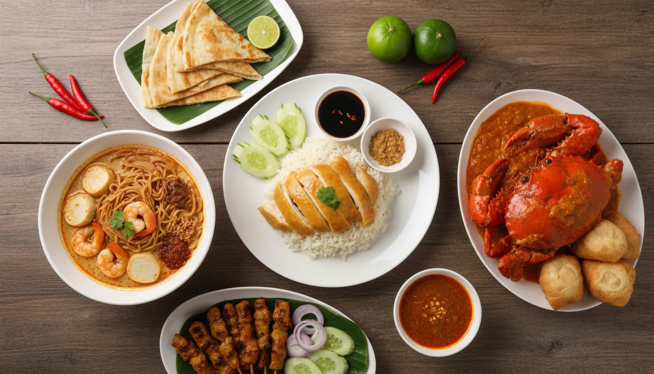 Image: A vibrant, mouth-watering flat lay of various Singaporean dishes including Hainanese Chicken Rice, Laksa, Chili Crab, Satay skewers, and Roti Prata, artfully arranged on a rustic wooden table with fresh lime and chili garnishes.