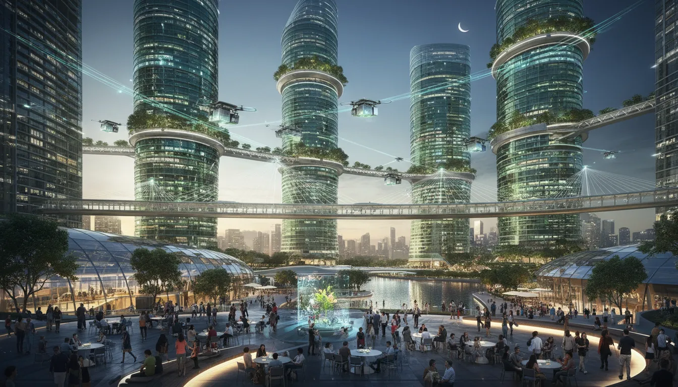 Image: A futuristic cityscape of Singapore at night, showcasing advanced sustainable architecture with glowing green elements, interconnected pedestrian bridges, and drone delivery systems in the sky. The foreground features a vibrant outdoor community space with people interacting, lit by soft, smart lighting.