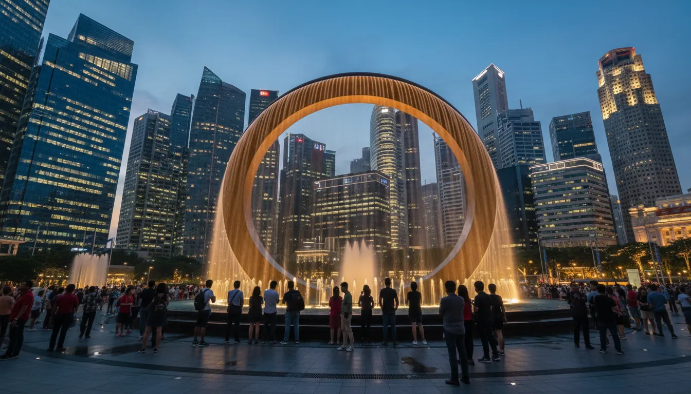 Image: A low-angle, wide shot of the magnificent Fountain of Wealth at Suntec City, Singapore, at dusk. The bronze structure glows under subtle lighting, with water cascading inwards. Surrounding modern skyscrapers with illuminated windows are visible in the background. Several people are seen walking around the inner ring of the fountain.
