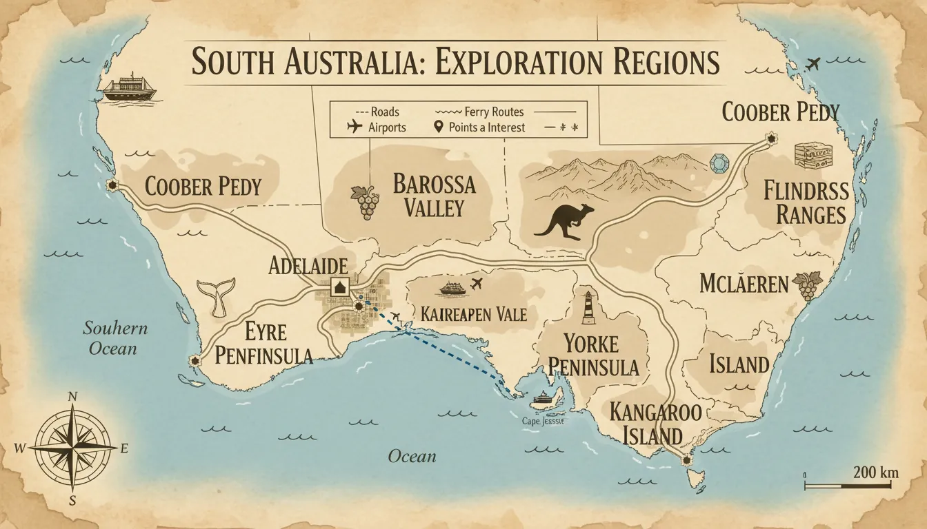Image: A detailed map of South Australia highlighting the key travel regions: Adelaide, Barossa Valley, McLaren Vale, Kangaroo Island, Eyre Peninsula, Yorke Peninsula, Flinders Ranges, and Coober Pedy. Clear roads and ferry routes are shown connecting these locations.