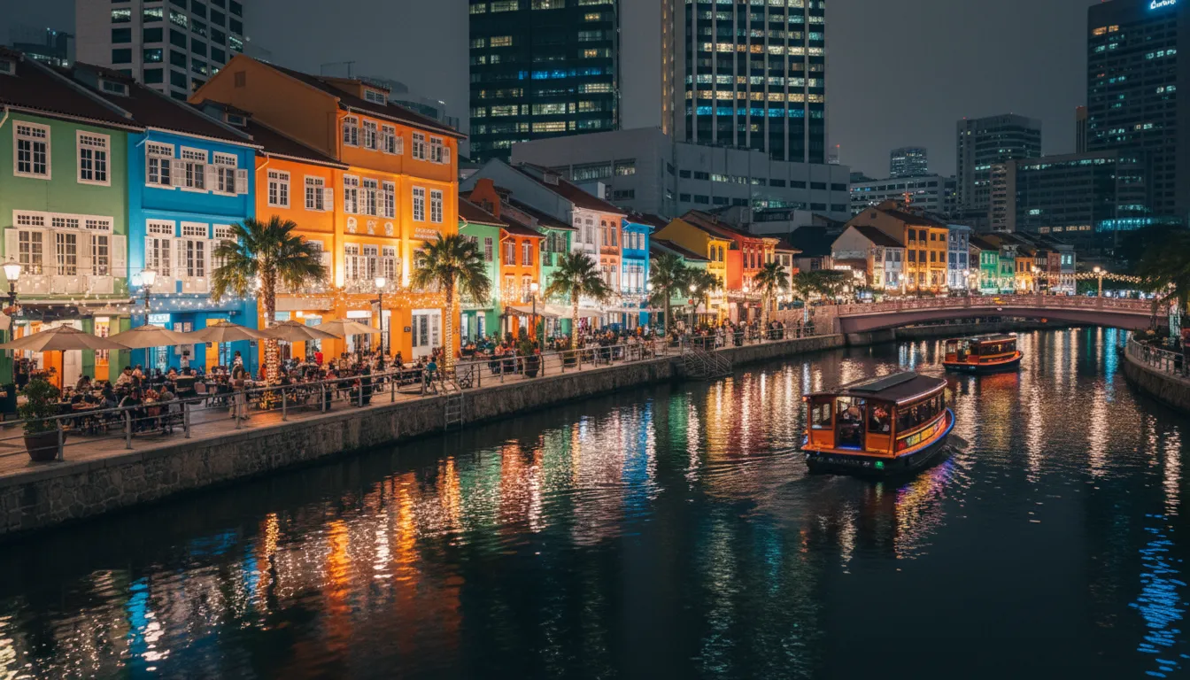 Image: A vibrant night scene at Clarke Quay in Singapore, showing colorful restored shophouses illuminated by festive lights, reflections on the calm Singapore River, and people dining and strolling along the riverside promenade.