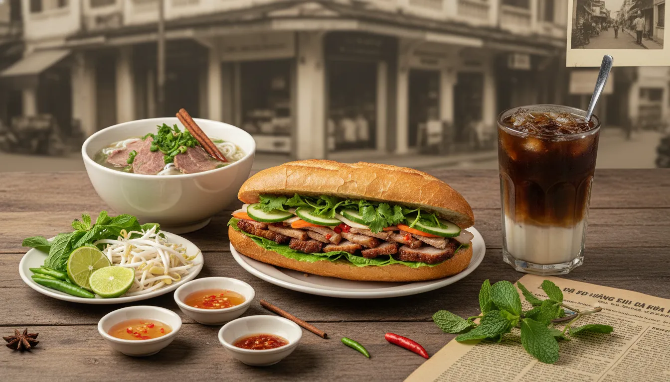 Image: A beautifully composed flat lay of traditional Vietnamese street food, including a vibrant Banh Mi sandwich, a steaming bowl of Pho, and a refreshing glass of Ca Phe Sua Da, all set against a subtle, historical backdrop evoking Saigon.