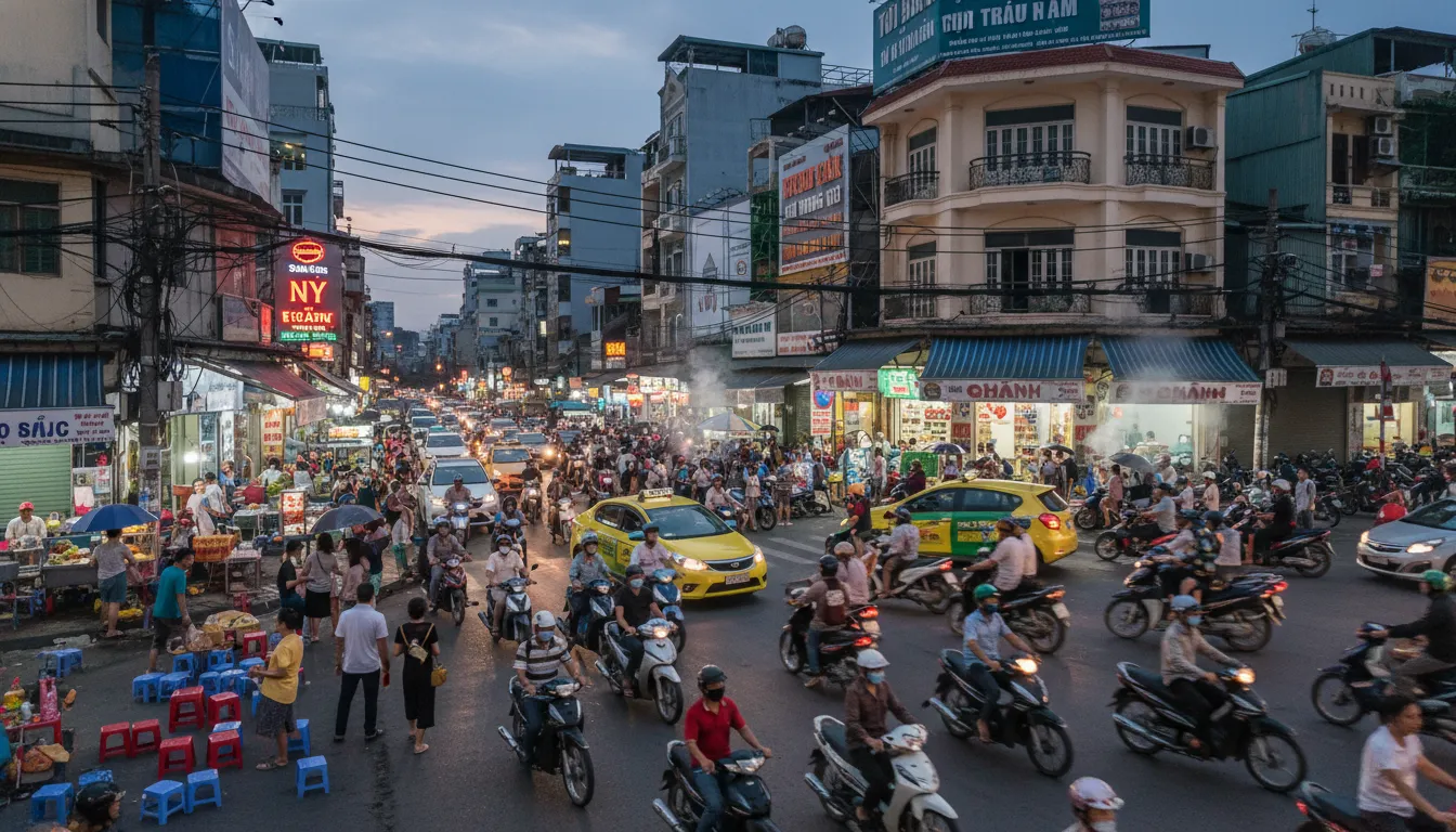 Image: A bustling street scene in Ho Chi Minh City with numerous motorbikes, a few cars, and pedestrians navigating the vibrant chaos, showcasing the energy of the city