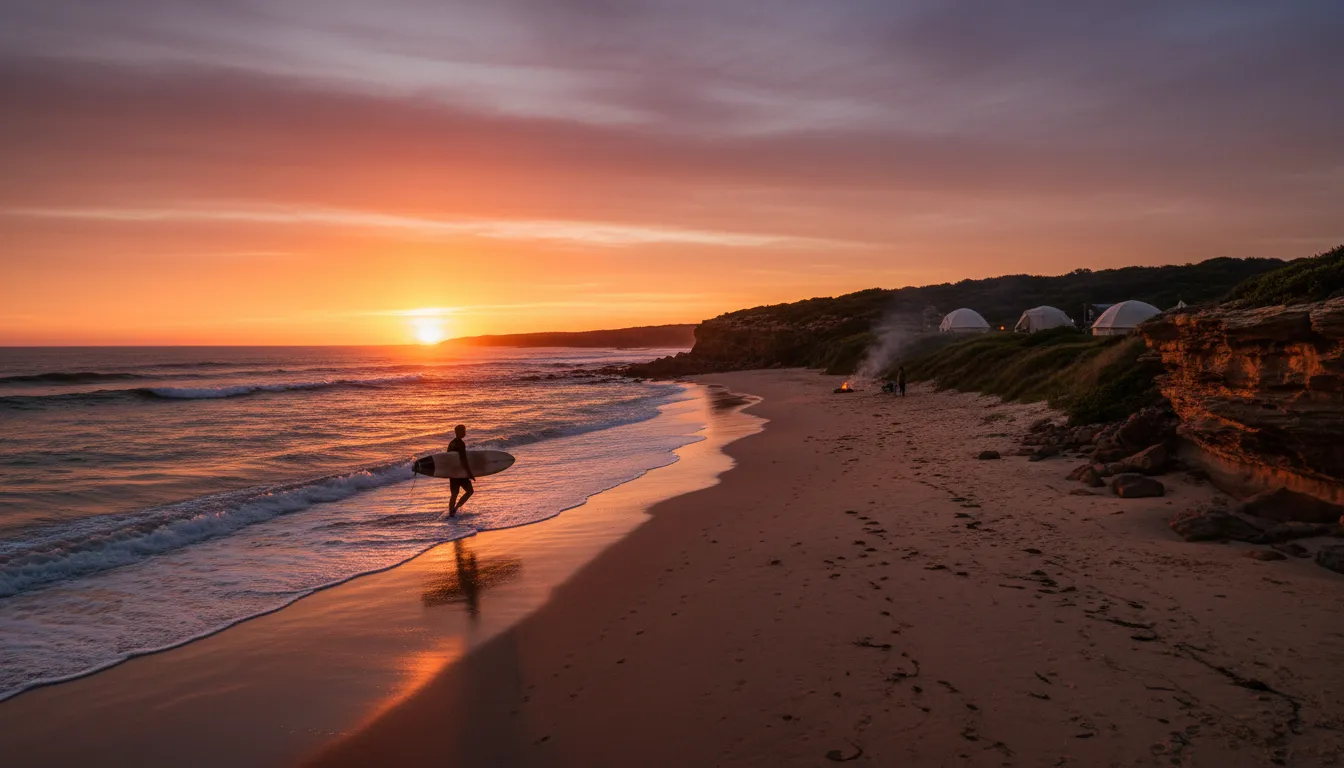 Image: A vibrant sunset over a beach in Dhilba Guuranda-Innes National Park, with a surfer walking out of the water carrying a board, silhouetted against the orange and purple sky. A few scattered tents are visible on a grassy dune behind the beach, suggesting a peaceful camping scene.