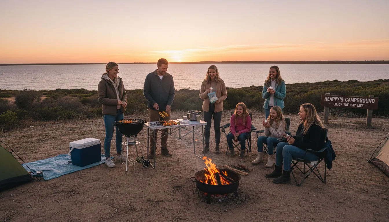 Image: A group of friends or a family happily setting up a BBQ at a designated campsite overlooking a calm bay on the Yorke Peninsula at dusk. A simple campfire is lit, and people are laughing, emphasizing affordable, joyful outdoor living.