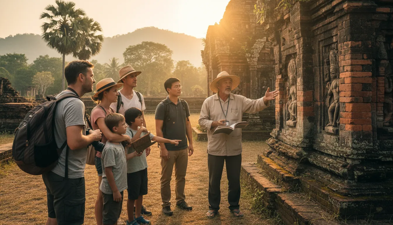 Image: A small group of travelers, including a Vietnamese-Australian family, engaged in a historical tour at an ancient temple in South Vietnam. A knowledgeable local guide is passionately explaining the temple
