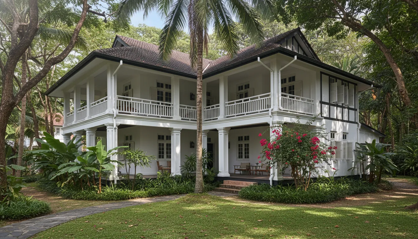 Image: A serene view of a black-and-white colonial bungalow in Wessex Estate, Singapore, with a wide veranda and lush tropical garden. The architecture reflects its 1930s origins, with tall windows and traditional wooden louvres. Sunlight filters through dense foliage, creating dappled shadows.