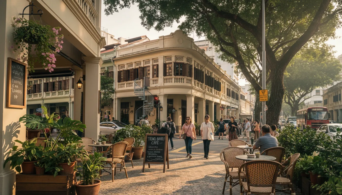 Image: A charming street scene in Tiong Bahru, Singapore, showcasing its distinctive pre-war art deco architecture with rounded balconies and spiral staircases. In the foreground, a cozy cafe with outdoor seating and lush potted plants, while locals stroll leisurely on the pavement. Sunlight filters through mature trees.