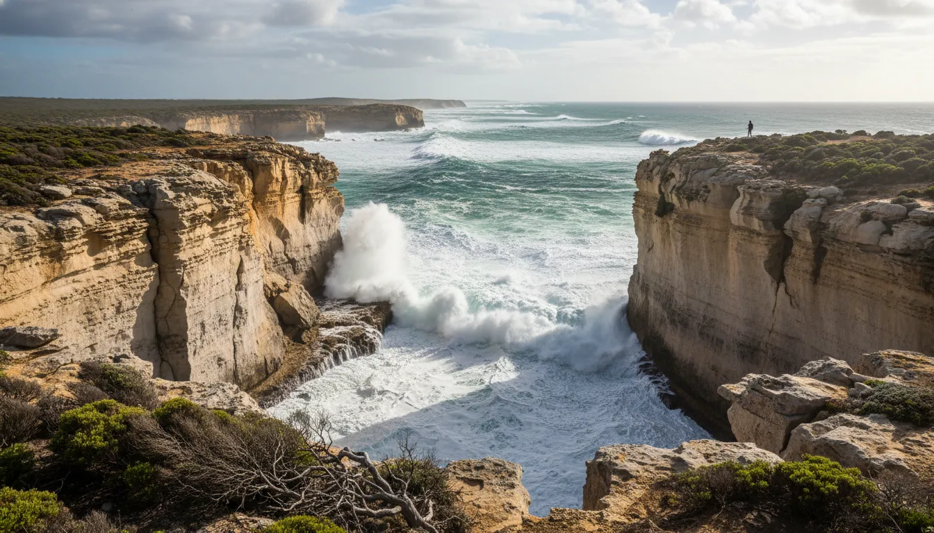 Image: Dramatic, rugged limestone cliffs of the Margaret River coastline, with powerful turquoise waves crashing against their base. The sky is partly cloudy, and native coastal vegetation clings to the cliff tops. A lone figure stands on a distant lookout point, emphasizing the scale.