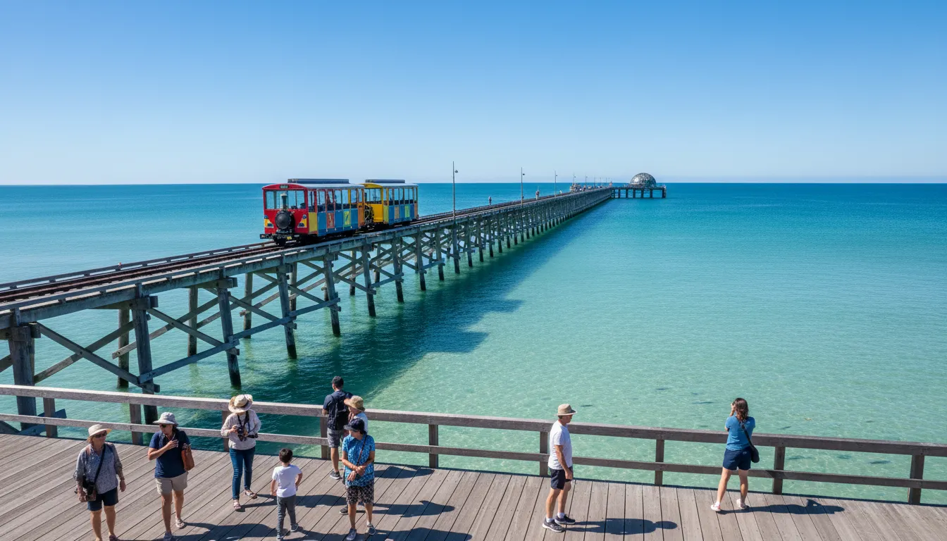 Image: The Busselton Jetty stretching out into calm, clear turquoise waters under a bright blue sky. A small, colourful train is visible on the jetty, and in the foreground, people are strolling along the wooden planks. The Underwater Observatory dome is subtly visible at the end.