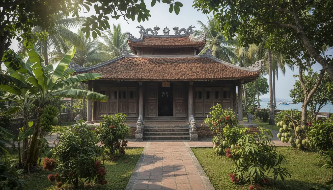 Image: A traditional Vietnamese ancient house on An Binh Island, seen from a garden filled with tropical fruit trees. The house features a dark wooden facade, a multi-tiered tiled roof, and intricate carvings around its entrance, with a pathway leading up to it.