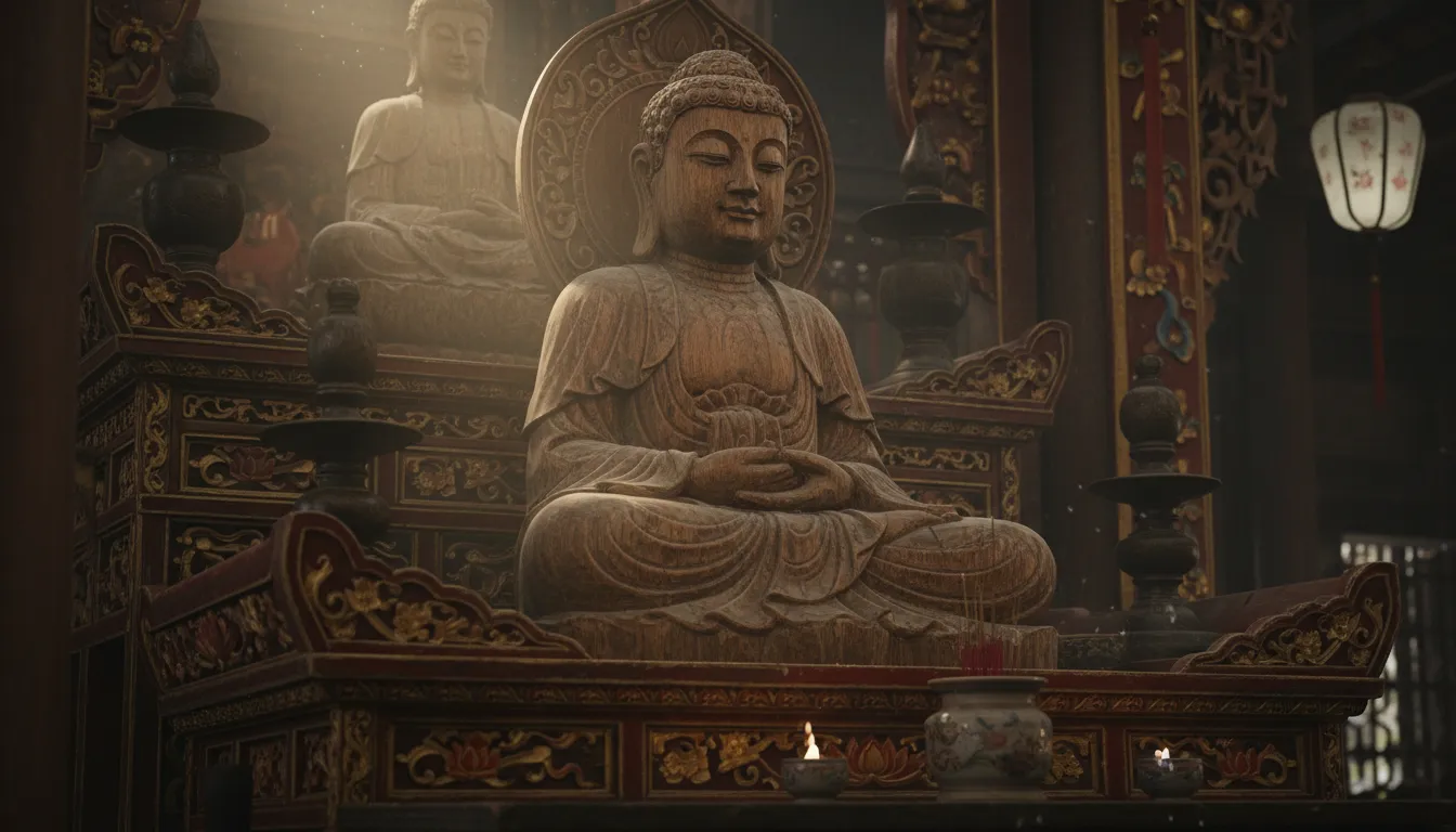 Image: A close-up of an ancient, intricately carved wooden Buddha statue inside a dimly lit pagoda, with soft light illuminating its serene face. Details of traditional Vietnamese decorative patterns are visible on the surrounding altar.