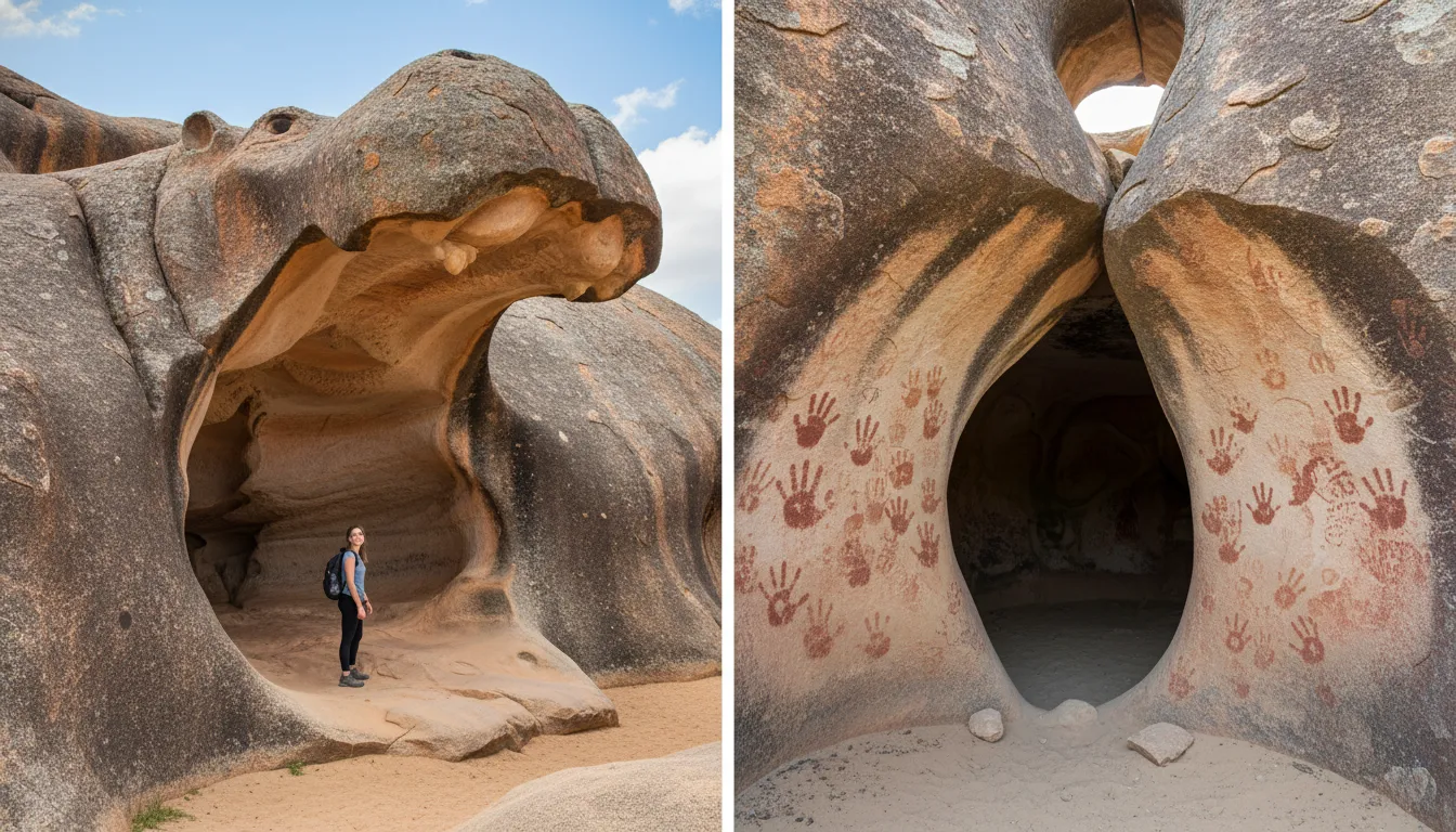 Image: A composite image showing two distinct rock formations near Wave Rock. On the left, 