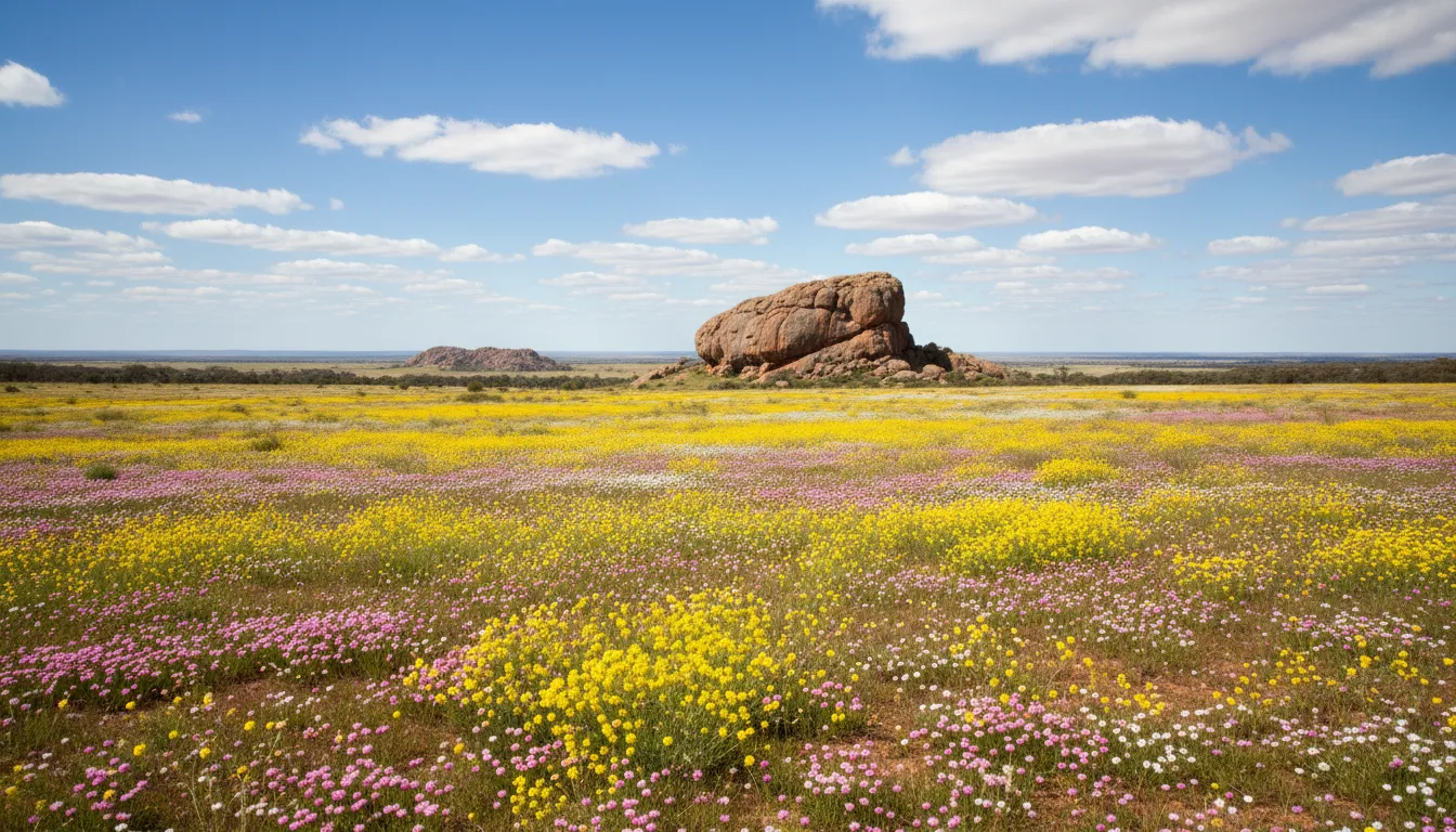 Image: A breathtaking panoramic view of the Western Australian Wheatbelt in spring, showing vast fields carpeted with vibrant wildflowers in shades of yellow, pink, and white, stretching towards the horizon. In the mid-ground, a glimpse of the rugged, ancient granite of Wave Rock or another similar formation rises majestically, contrasting with the colourful flora. The sky is clear blue with soft clouds.