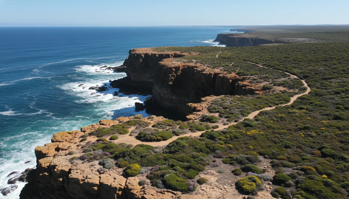 Image: A dramatic aerial view of a section of the Cape to Cape Track in Margaret River, Western Australia. The narrow walking trail winds along a rugged coastal cliff, with the brilliant turquoise waters of the Indian Ocean crashing against the rocks below. Patches of green coastal scrub and wildflowers are visible, and the sky is bright blue with a distant horizon.