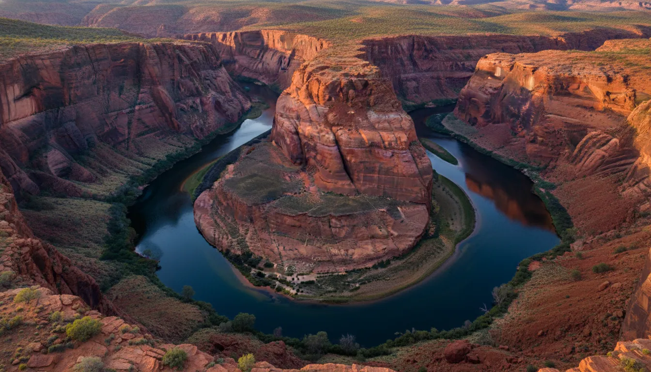 Image: A dramatic aerial view of the Murchison River winding through the deep, red sandstone gorge of Kalbarri National Park. The sun casts long shadows, highlighting the intricate geological layers and the sheer scale of the Z Bend section. Patches of green vegetation cling to the cliffs and riverbanks, contrasting with the vibrant red rock.
