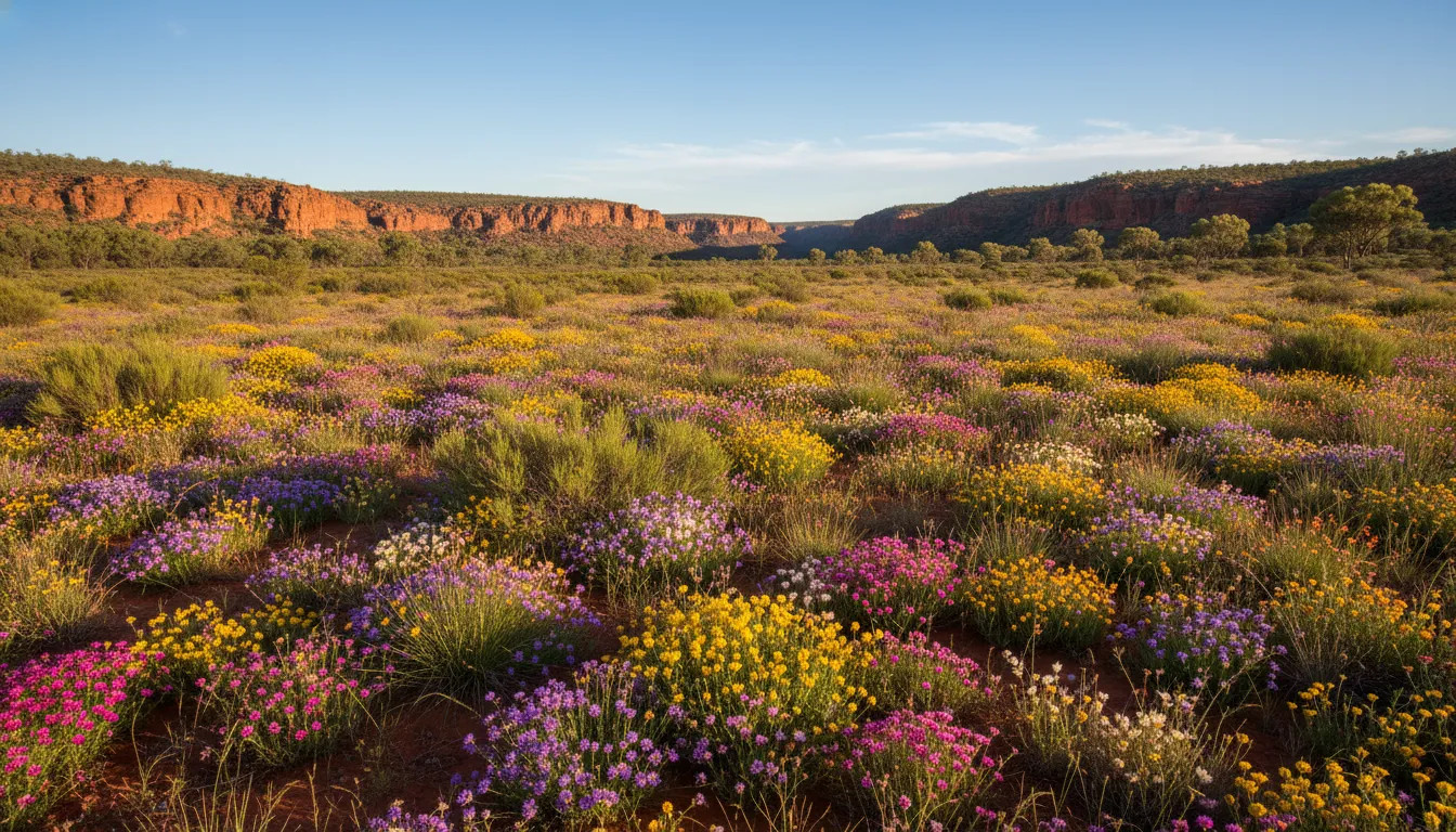Image: A vibrant field of diverse Australian wildflowers in full bloom within Kalbarri National Park. Dominant colours are purples, yellows, and pinks, contrasting beautifully against the red earth and sparse green scrub. In the background, hints of the rugged sandstone cliffs of the Murchison Gorge are visible under a clear blue sky.