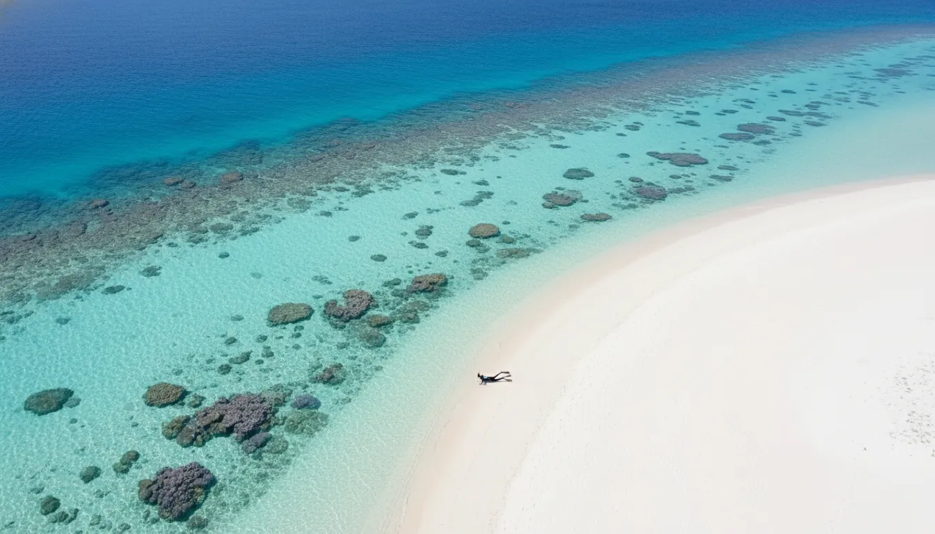 Image: An aerial drone shot capturing the stunning contrast between the pristine white sand beaches of Ningaloo Reef, the shallow turquoise waters revealing coral formations, and the deeper blue ocean beyond. A person is seen snorkeling close to shore, highlighting the reef