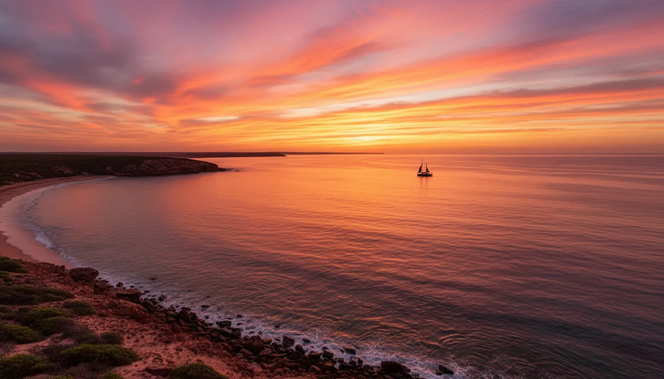 Image: A wide shot of a sunset over the Indian Ocean at Ningaloo Reef, with a vibrant sky of oranges, pinks, and purples reflecting on the calm water. A small, silhouetted boat is visible in the distance, and the coastline gently curves.