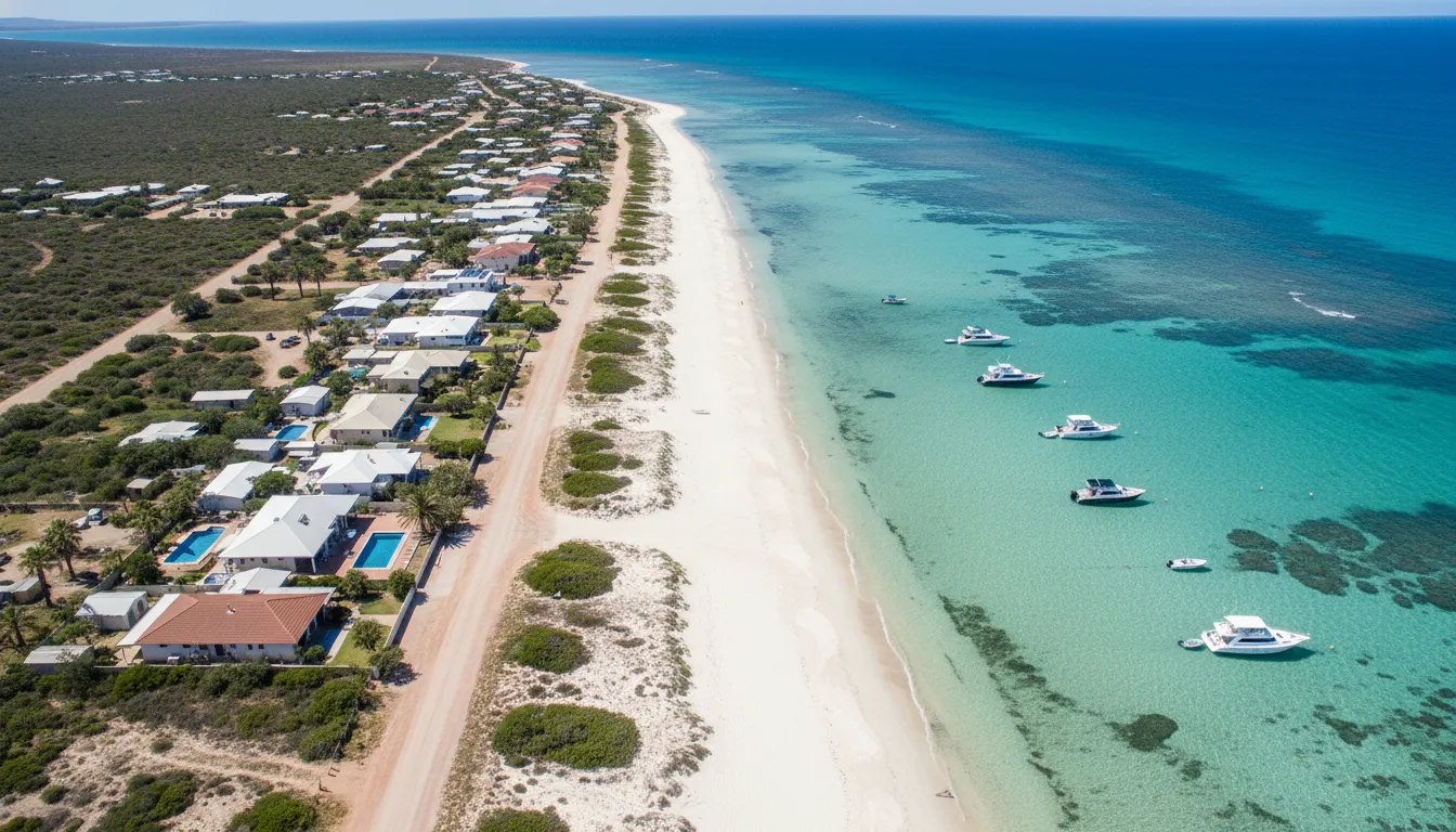 Image: A charming aerial view of Coral Bay, Western Australia, showing a cluster of low-rise accommodations and a few boats moored in the shallow, clear turquoise waters of the bay. The main road is visible, connecting to the pristine sandy beach.