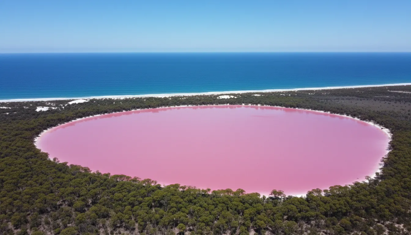 Image: A drone shot capturing a vibrant pink Lake Hillier on Middle Island, Western Australia. The lake is vividly pink, sharply contrasted by a thin strip of dense green forest, and the deep blue expanse of the surrounding Southern Ocean. The sky is clear.